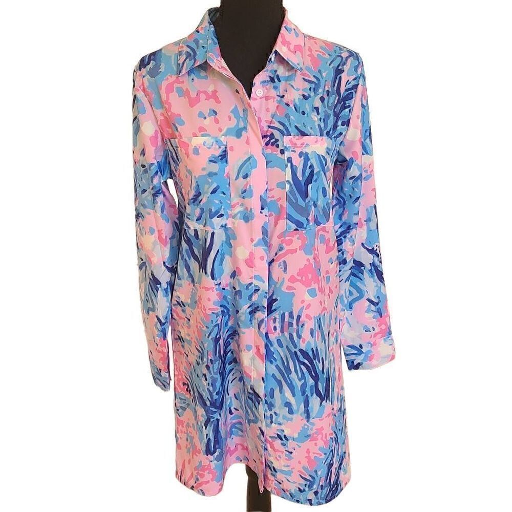 Made With Love Womens Blue Pink Abstract Floral Long Sleeve Button Front Dress S